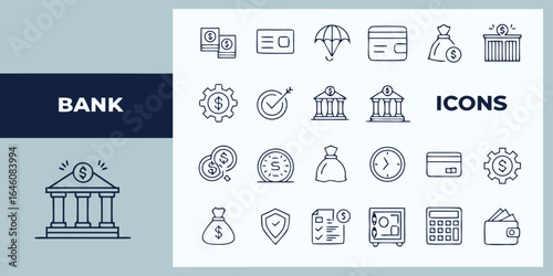 Vector art of financial banking icons isolated on white background representing banking services and financial transactions