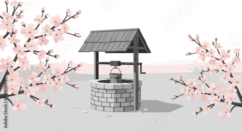 Charming illustration of a stone water well surrounded by blossoming cherry trees in springtime landscape