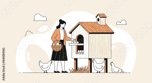 Charming illustration of a woman collecting eggs from a hen house with chickens rural farm life style design