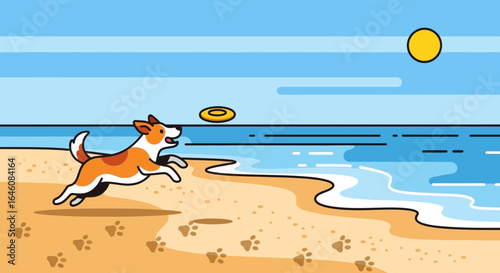 Cartoon dog happily playing fetch on a sunny beach with frisbee and footprints, a playful scene