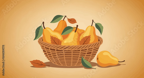 Charming illustration of ripe pears in a rustic basket with autumn leaves
