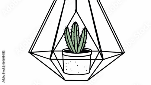Minimalist cactus in geometric terrarium on white background, line art style