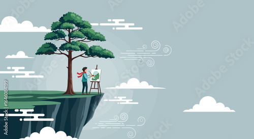 An artist standing near a tree and painting a canvas on the cliff edge overlooking the vast sky, creating a scene of creative solitude and natural beauty