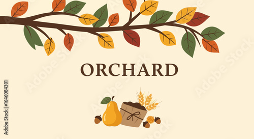 Charming orchard illustration featuring autumn leaves pears acorns and wheat stalks seasonal greeting card or design element