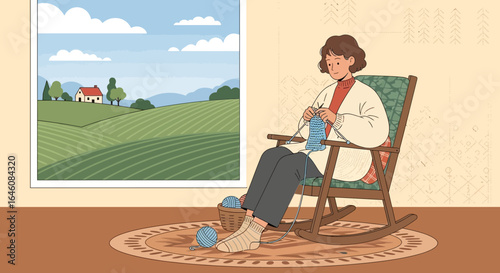 An illustration of a woman knitting in a rocking chair next to a window looking out on a countryside landscape