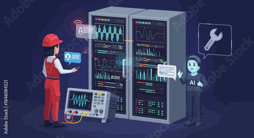 Cartoon illustration depicting data center maintenance with engineer and AI assistance in modern networking environment