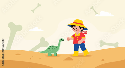 Cartoon Illustration of a Boy Meeting a Dinosaur in a Prehistoric Landscape with Bones Scattered Around