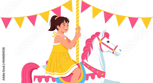 Cartoon illustration of a happy girl riding a carousel horse with festive decorations
