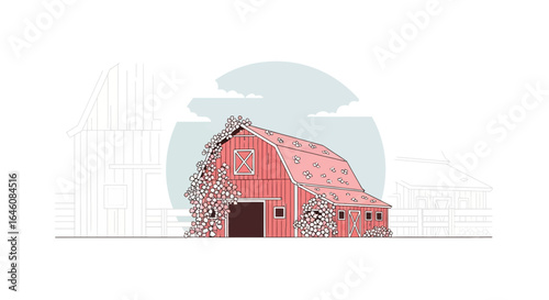 Charming red barn covered in climbing flowers, set against a serene backdrop, evokes peaceful rural atmosphere