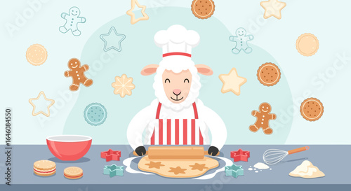 Charming sheep chef baking cookies with festive gingerbread and star shapes cartoon illustration