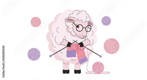 Charming sheep with glasses knitting a cozy scarf surrounded by colorful yarn balls