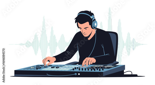 Cartoon illustration of a professional musician mixing sound with digital software on a mixer equipment in sound studio or music room