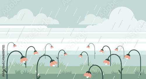 Cartoon Illustration of Flowers in the Rain Showing Sadness and Depression Weather Concept Art Illustration Landscape Flat Design Vector Style