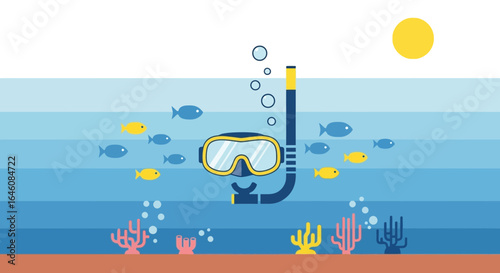 Cartoon illustration of snorkeling mask in ocean with fish and coral reefs underwater landscape featuring underwater life and sun