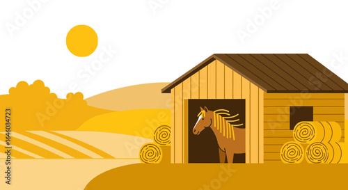 Charming vector illustration showcasing a serene rural scene with a horse in a barn and hay bales, evoking a sense of peaceful countryside life