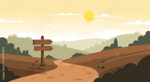 Cartoon landscape with wooden signpost pointing directions in a serene environment