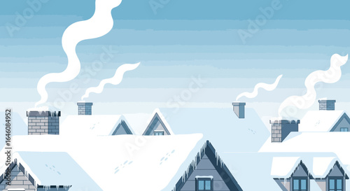 Charming winter scene capturing snow-covered rooftops with cozy chimneys and rising smoke creates a tranquil seasonal atmosphere