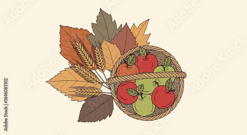 Autumn harvest bounty featuring a basket of apples and colorful autumn leaves illustration
