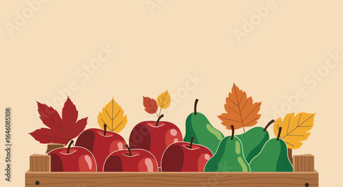 Autumn harvest bounty: Red apples and green pears in a rustic wooden crate vector illustration