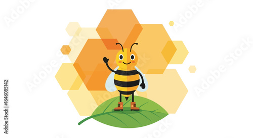 Cheerful bee cartoon illustration waving hello on a leaf with honeycomb background for kids products