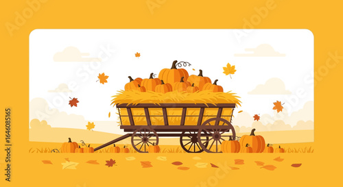 Autumn harvest festival featuring a wagon overflowing with pumpkins and falling leaves illustration