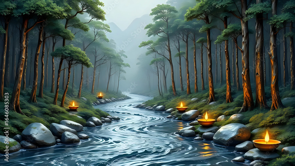 Fototapeta premium River in the forest during fog