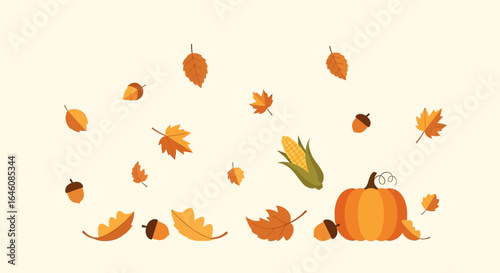 Autumn harvest illustration with falling leaves pumpkin corn and acorns on beige background providing a festive and warm seasonal feeling