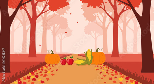 Autumn harvest illustration with pumpkins, corn, apples in a forest setting for thanksgiving and seasonal celebrations