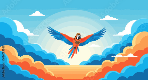 Cartoon parrot with hat flying through cloudscape creating a sense of adventure and freedom of wildlife