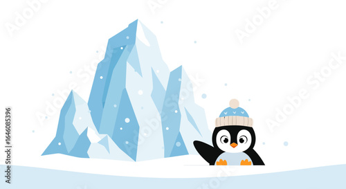 Cartoon penguin in winter scene with iceberg and snowflakes for children illustration
