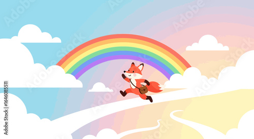 Cheerful cartoon fox running on a rainbow road amidst fluffy clouds delivering joy