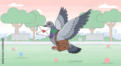 Cartoon pigeon delivering love letter in a park setting conveying affection and communication through postal services