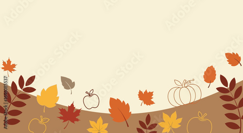 Autumn Harvest Vector Background Design with Leaves Apples and Pumpkins, Fall Season themed design appropriate for Thanksgiving card
