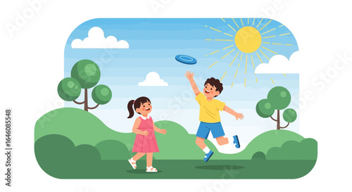 Cheerful cartoon illustration of children playing frisbee in a sunny park scene