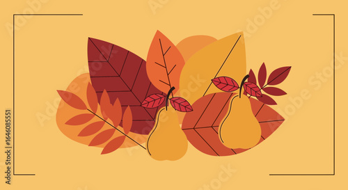 Autumn harvest still life vector illustration with pears and colorful leaves perfect for fall season designs and thanksgiving