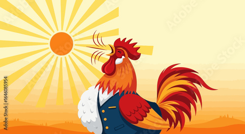 Cartoon rooster crowing at sunrise wearing a suit illustration design concept