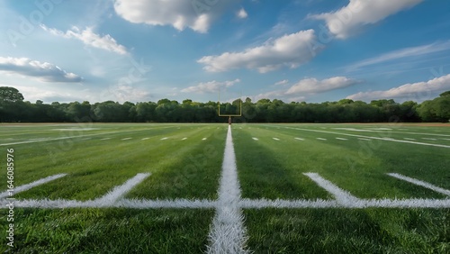 American football field with green grass, white lines, and a blue sky with clouds above on a sunny day
