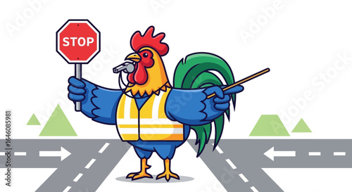 Cartoon Rooster Directs Traffic With Stop Sign And Whistle For Safety
