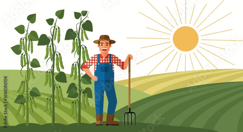Cheerful Farmer Standing Proudly By His Green Bean Field On A Sunny Day