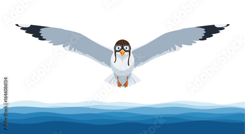 Cartoon Seagull with Pilot Goggles Soaring Above Ocean Waves Illustration Artwork