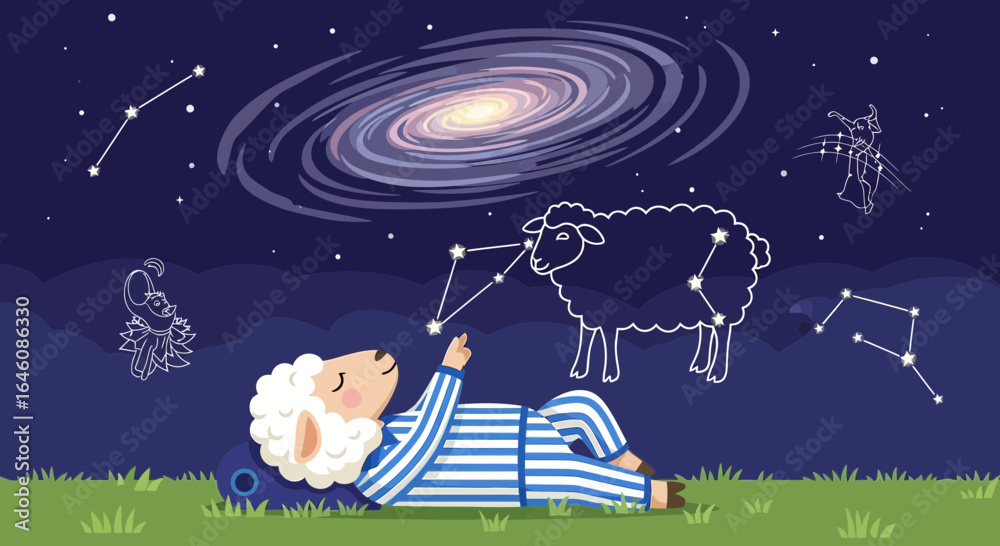 Naklejka premium Cartoon sheep dreaming of constellations, galaxy, and celestial wonders in a starry night scene