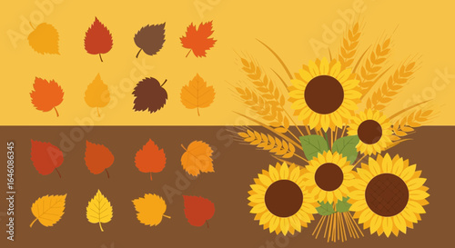 Autumnal Abundance Sunflowers And Leaves Displaying Seasonal Vector Illustration