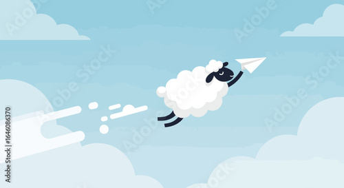 Cartoon Sheep Flying with Paper Airplane Among Clouds in the Blue Sky