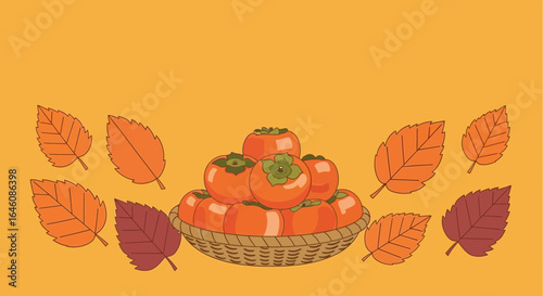 Autumnal Arrangement Persimmons With Rustic Basket And Foliage Design Season
