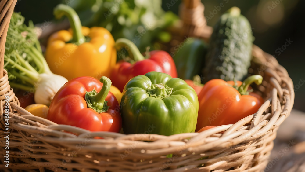 Close-up of vibrant fresh vegetables in rustic basket, natural daylight, sharp textures, healthy food concept Close-up of vibrant fresh vegetables in rustic basket, natural daylight, sharp textures, healthy food concept
