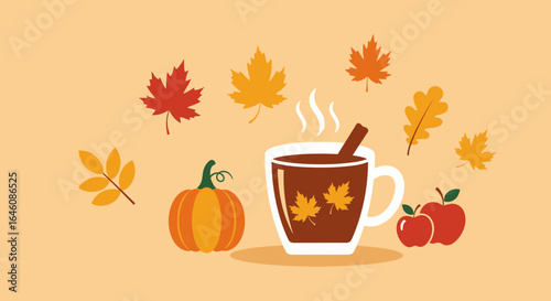 Autumnal Beverage And Harvest Bounty Still Life With Falling Leaves