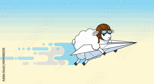 Cartoon sheep wearing a pilot helmet flying a paper airplane in the sky background