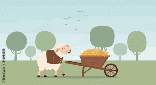Cartoon Sheep Working on Farm with Wheelbarrow Full of Hay in Nature