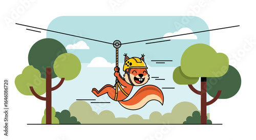 Cartoon squirrel with helmet and harness on a zipline between trees cartoon illustration