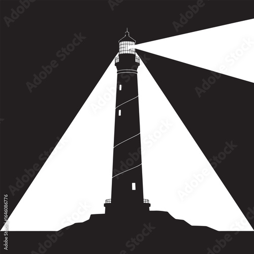 Lighthouse Silhouette with Beams on Dark Background Vector Illustration for Navigation
